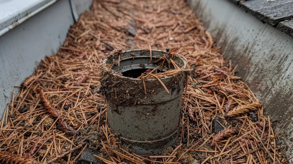 Close view of a rain gutter packed with dense brown conifer needles and dark sludge along the bottom of the trough