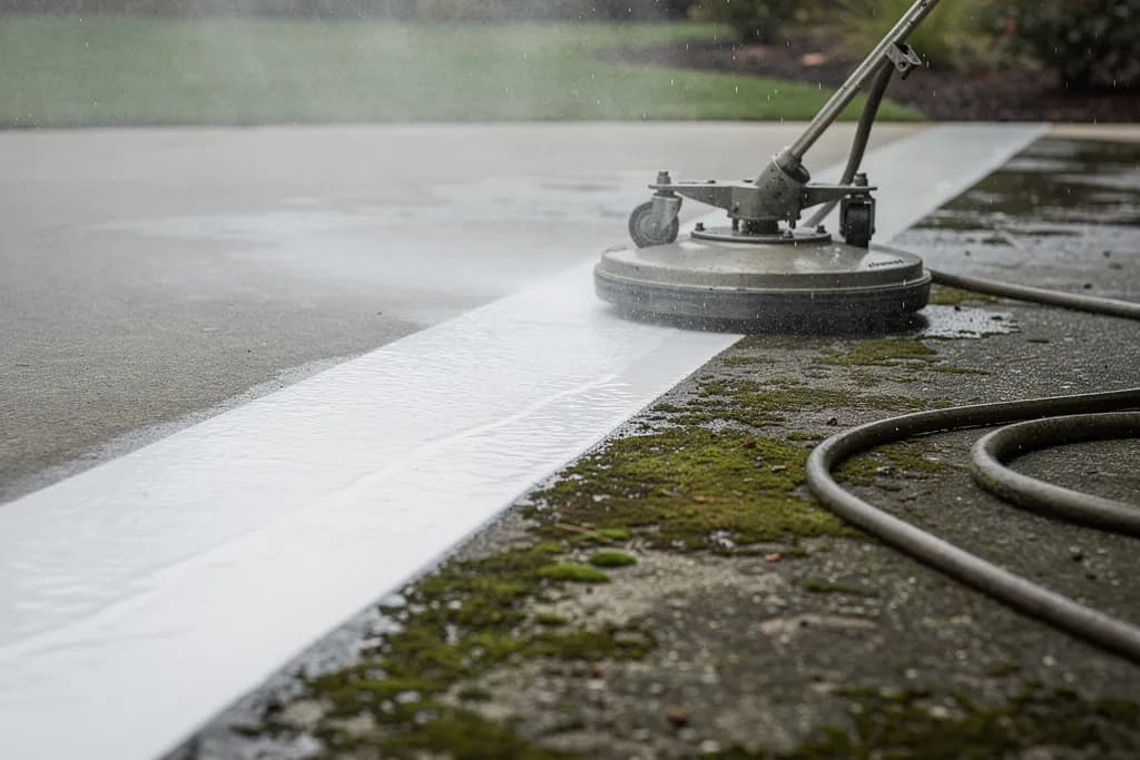 Concrete driveway mid clean with a bright washed stripe cutting across the dark green and grey buildup on the rest of the slab