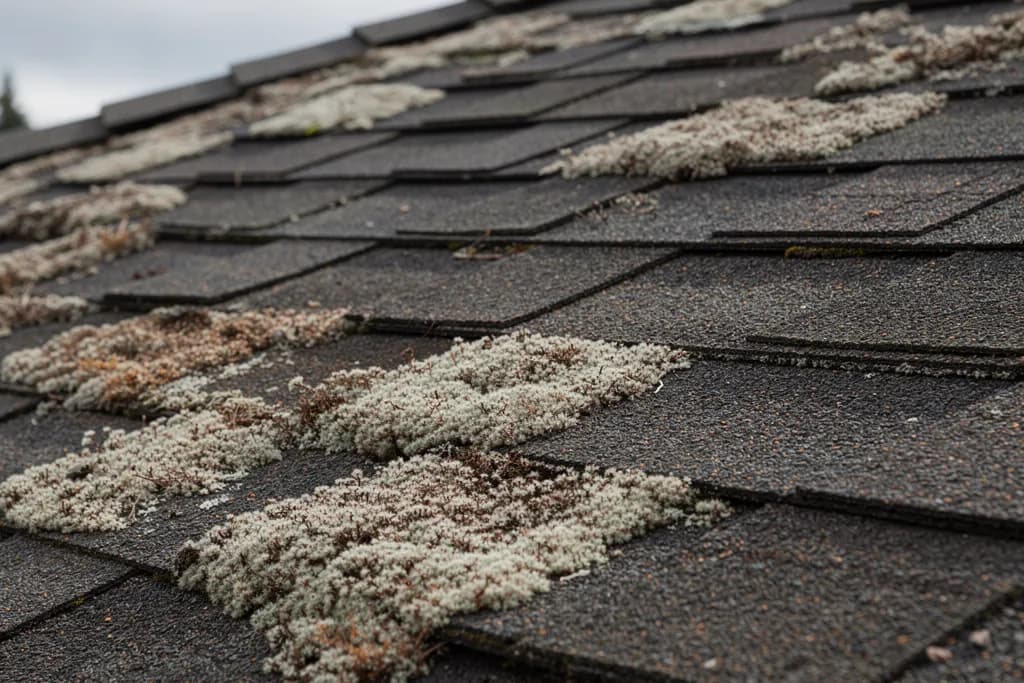Asphalt shingle roof where treated moss has dried back to pale patches between the shingle courses