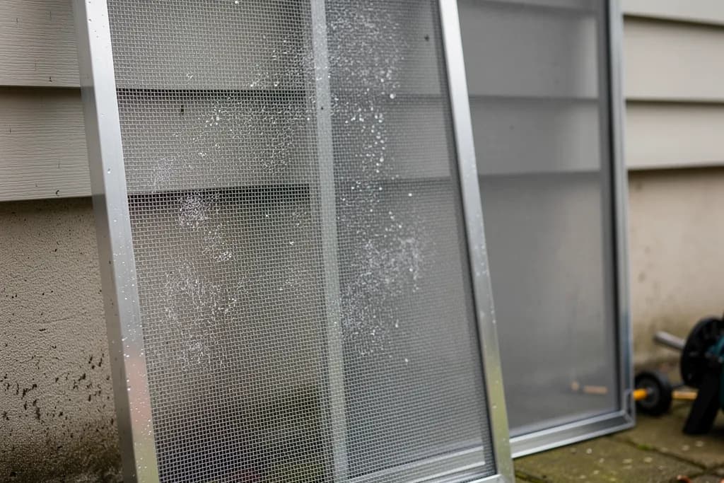 A freshly washed window screen standing against a house wall beside a second dusty screen for comparison